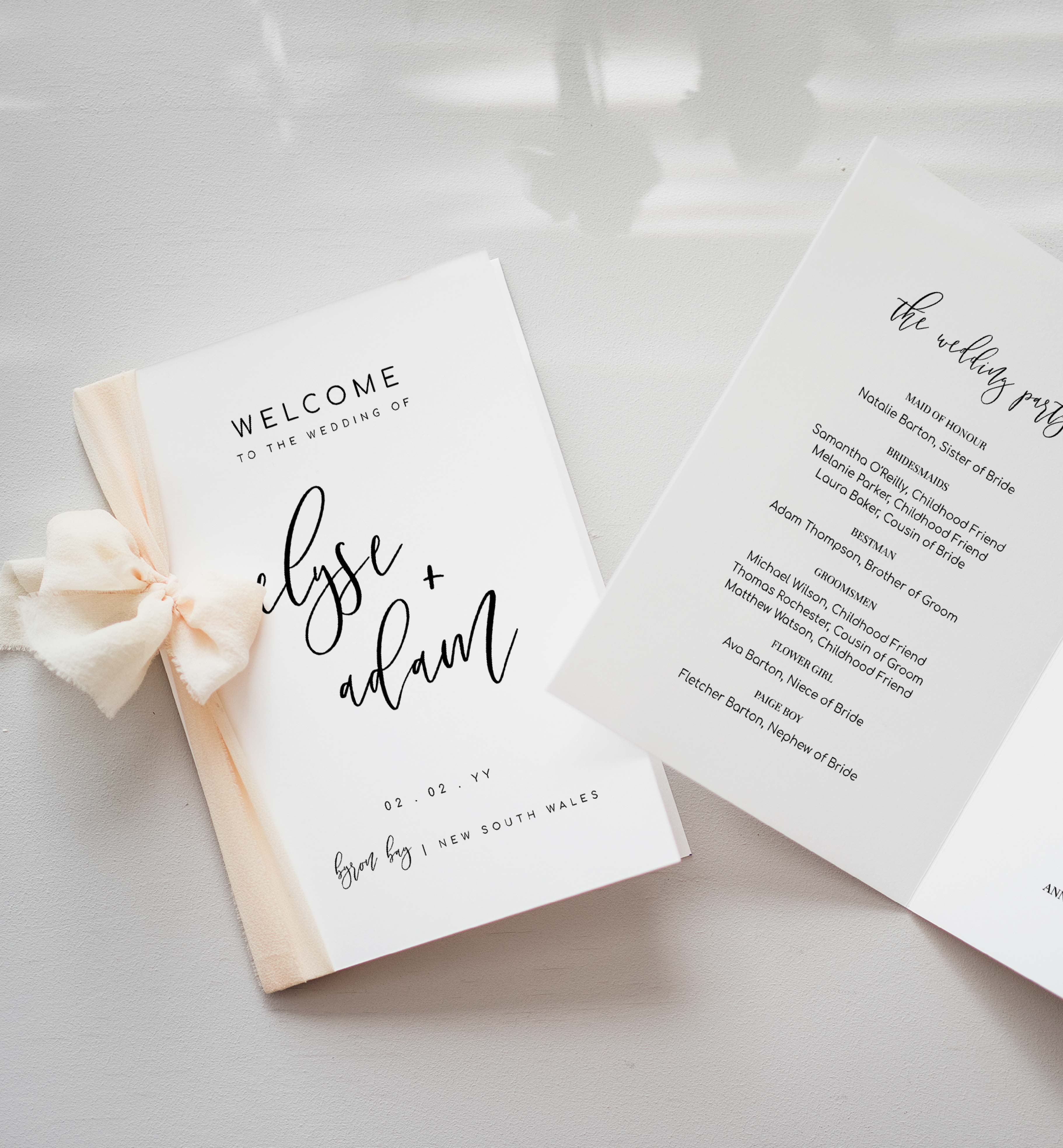 Lucas Script White  Printable Wedding Program Template – Black Bow Studio