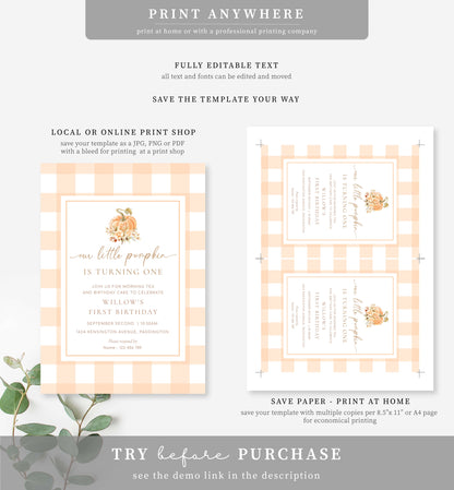 Gingham Peach Pumpkin | Printable Birthday Invitation Template