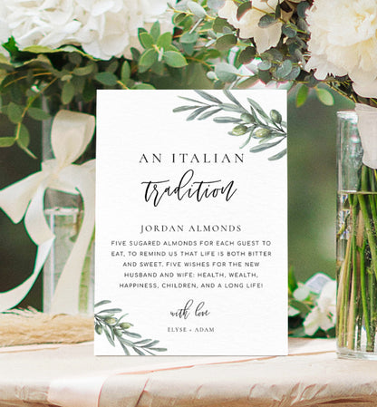 An Italian Tradition Sign, Printable Jordan Almonds Sign, Olive Branch, Sugared Almonds Wedding Favors, Wedding Tradition sign