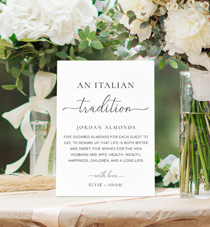 An Italian Tradition Sign, Printable Jordan Almonds Sign, Minimalist Sugared Almonds Wedding Favor, Wedding Tradition sign, Quinn Script