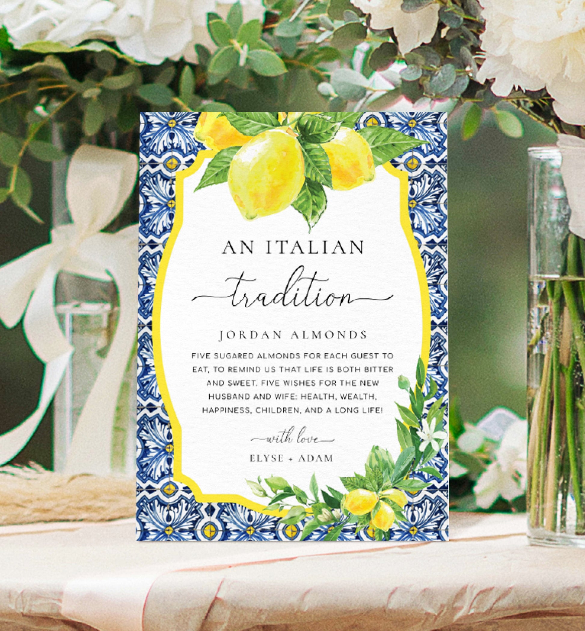 An Italian Tradition Sign, Printable Jordan Almonds Sign, Positano Blue Tile Lemons Sugared Almonds Wedding Favors, Wedding Tradition sign