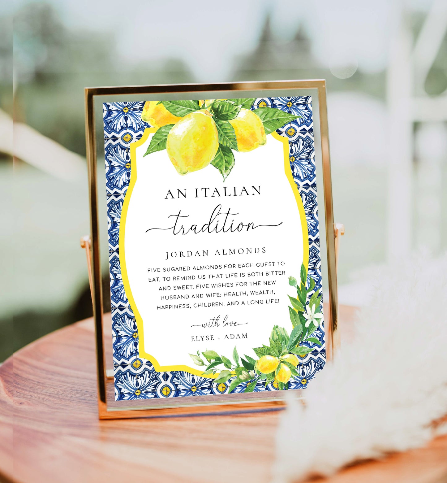 An Italian Tradition Sign, Printable Jordan Almonds Sign, Positano Blue Tile Lemons Sugared Almonds Wedding Favors, Wedding Tradition sign