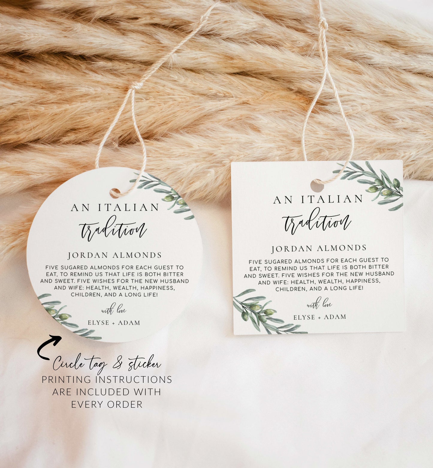 An Italian Tradition Favor Tag, Printable Jordan Almonds Tag, Olive Leaves Sugared Almonds Wedding Favor Tag, Wedding Favor Tag, Olive Grove