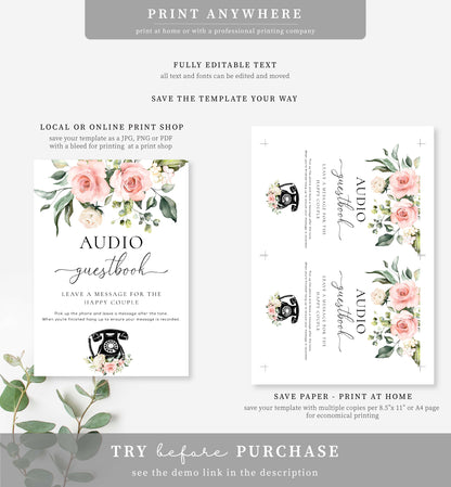 Darcy Floral Pink | Printable Audio Guestbook Sign Template