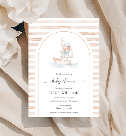 Printable Teddy Bear Baby Shower Invitation Template, Sailor Bear, Beige Tan Stripe Boy Baby Shower Arch Invite, Nautical Baby Shower Evite