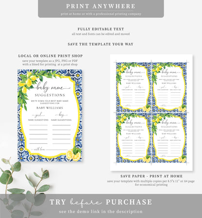 Positano Lemons | Printable Baby Name Suggestion Game Template