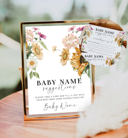 Baby Name Suggestions Card and Sign Template, Fall Autumn Sunflower, Printable Baby Name Ideas Game, Gender Neutral Baby Shower Game