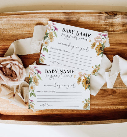 Baby Name Suggestions Card and Sign Template, Fall Autumn Sunflower, Printable Baby Name Ideas Game, Gender Neutral Baby Shower Game