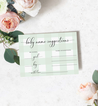 Baby Name Suggestions Card and Sign Template, Mint Green Gingham Check, Printable Baby Name Ideas Game, Gender Neutral Baby Shower Game