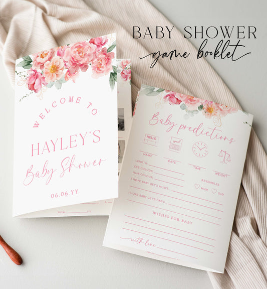 Baby Shower Games Booklet, Spring Peony Floral Printable Baby Shower Game, Baby Predictions, Baby Photo Game, Girl Baby Shower Game, Piper