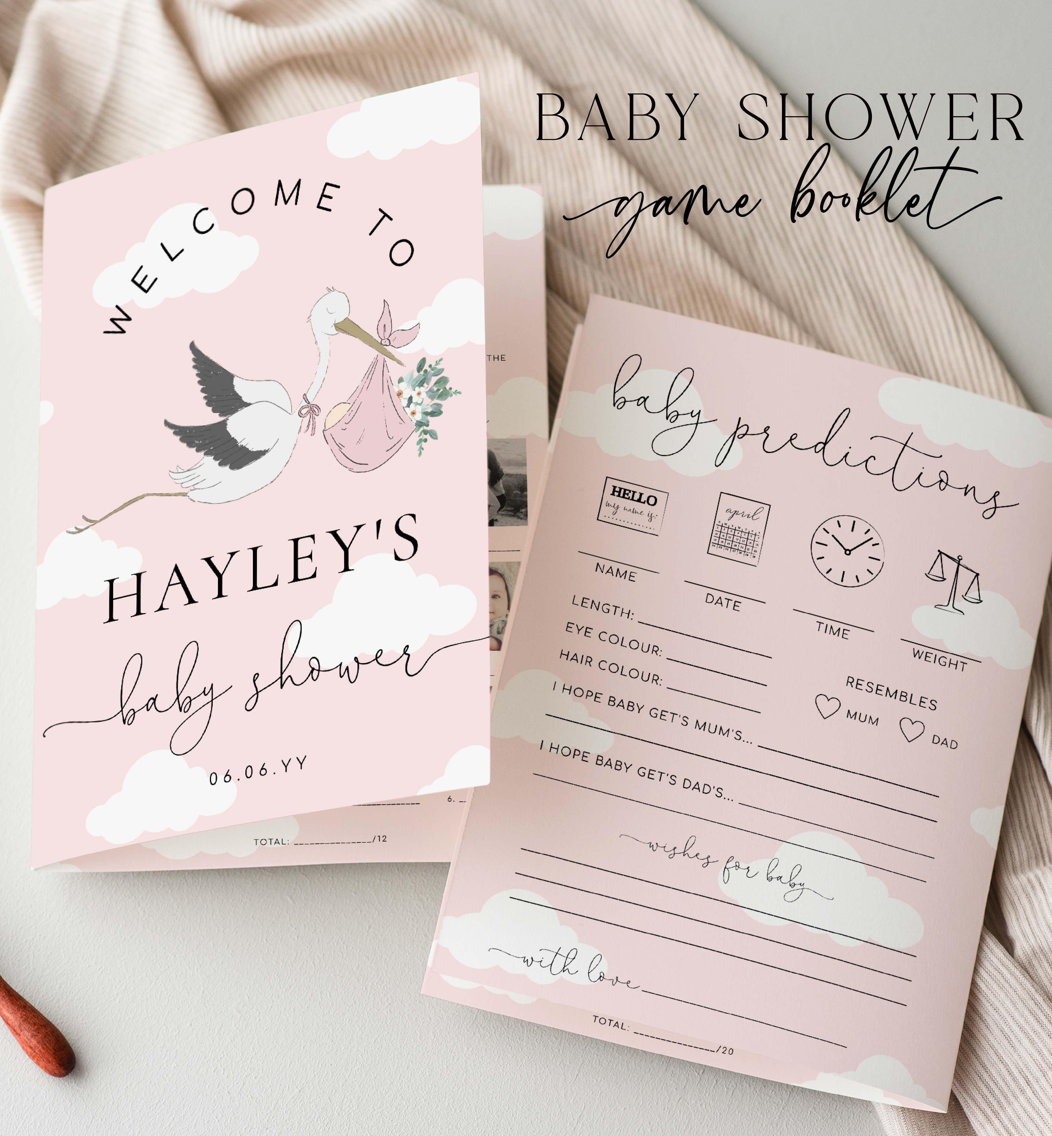 Stork Pink | Printable Baby Shower Game Booklet Template – Black Bow Studio