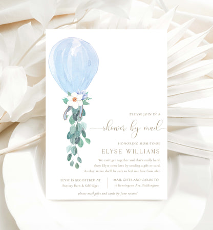 Shower By Mail Printable Invitation Template, Blue Balloon Boy Long Distance Baby Shower, Editable Baby Shower Invitation, Darlington