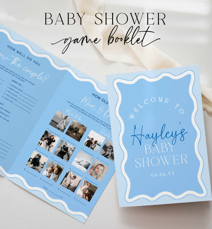 Blue Wavy Baby Shower Games Booklet, Modern Wavy Line Baby Shower Game, Printable Baby Predictions Template, Boy Baby Shower Games, Wave