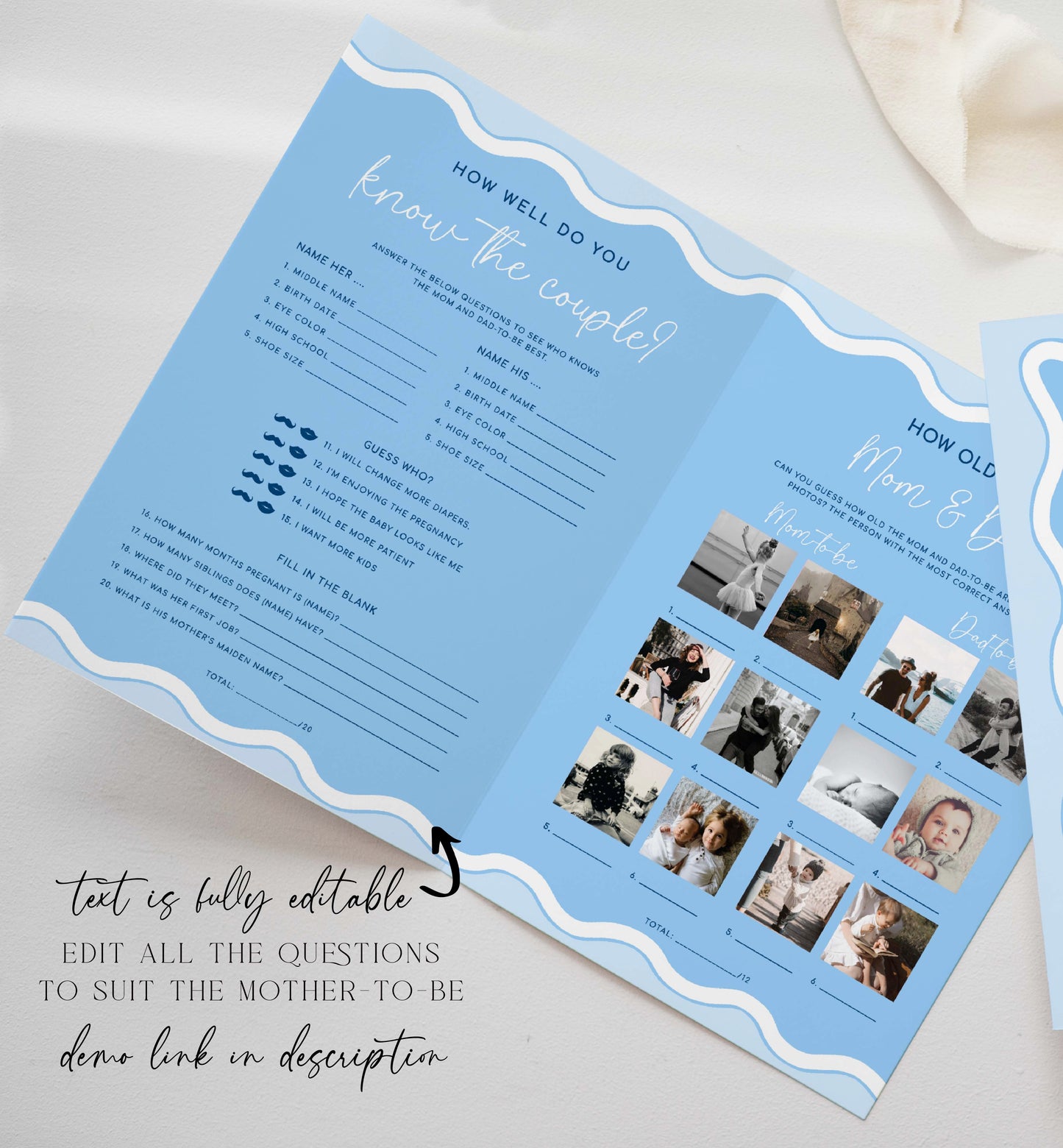 Blue Wavy Baby Shower Games Booklet, Modern Wavy Line Baby Shower Game, Printable Baby Predictions Template, Boy Baby Shower Games, Wave