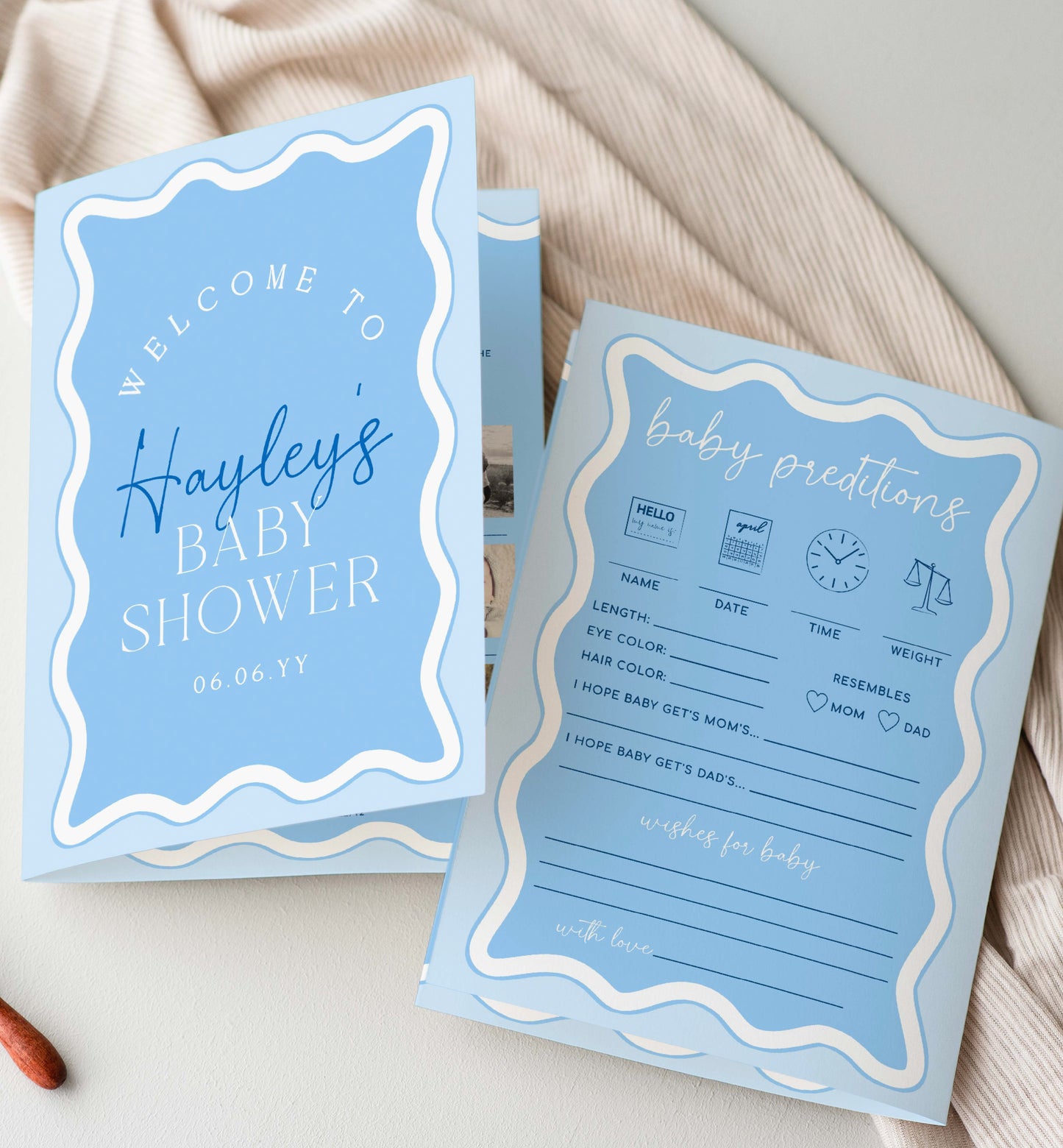 Blue Wavy Baby Shower Games Booklet, Modern Wavy Line Baby Shower Game, Printable Baby Predictions Template, Boy Baby Shower Games, Wave