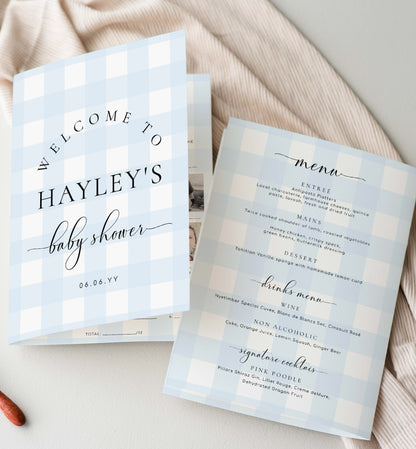 Blue Gingham Baby Shower Menu and Games Booklet, Printable Baby Shower Game, Printable Menu Template, Boy Baby Shower Games