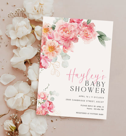 Printable Baby Shower Invitation Template, Editable Hot Pink Peony Baby Shower, Bohemian Boho Floral Baby Shower, Boho Flower, Piper