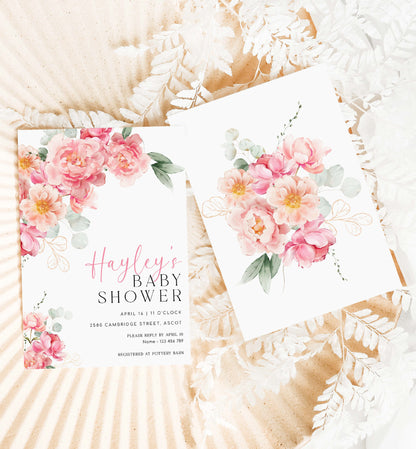 Printable Baby Shower Invitation Template, Editable Hot Pink Peony Baby Shower, Bohemian Boho Floral Baby Shower, Boho Flower, Piper