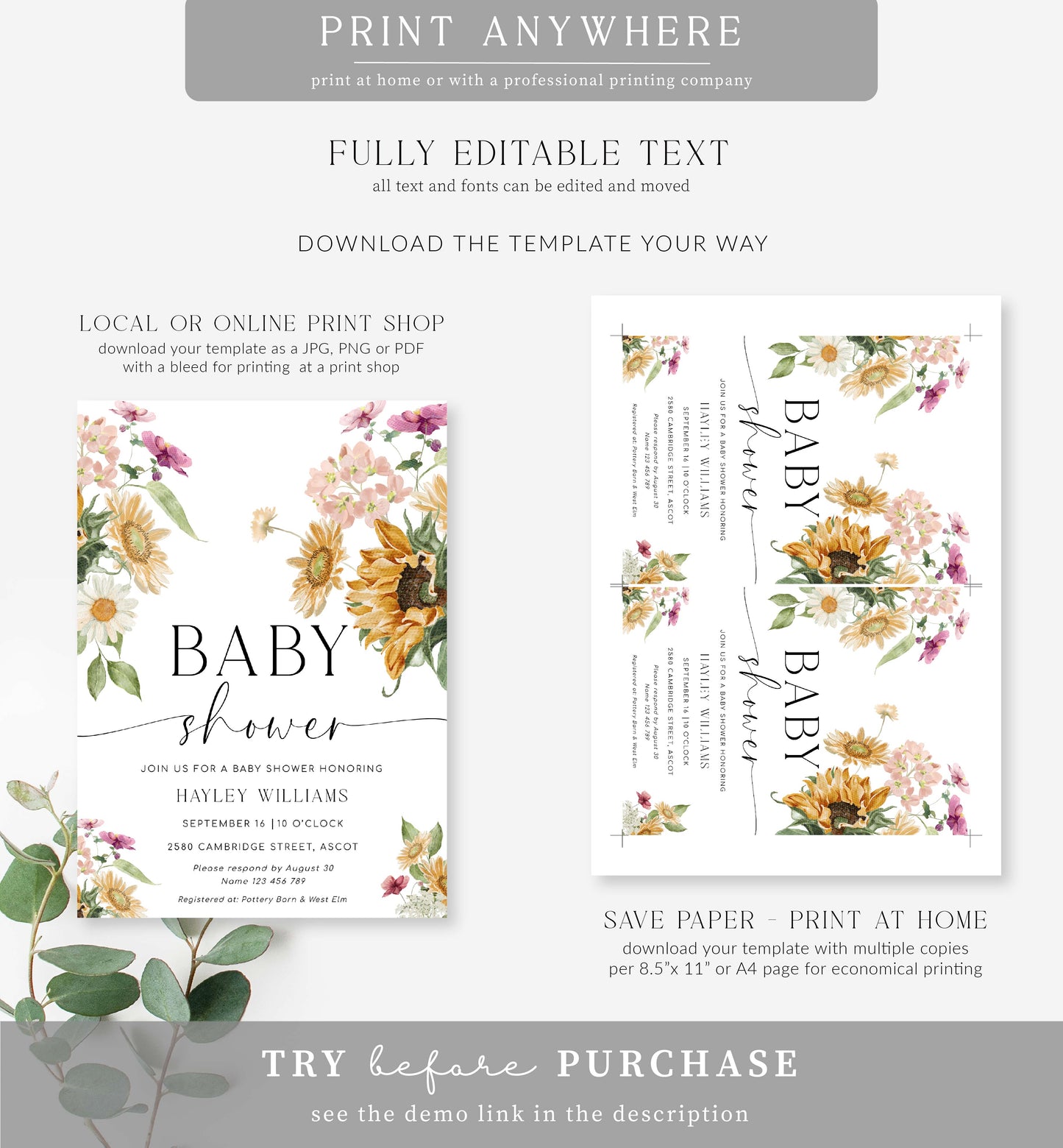 Mews Floral White | Printable Baby Shower Invitation