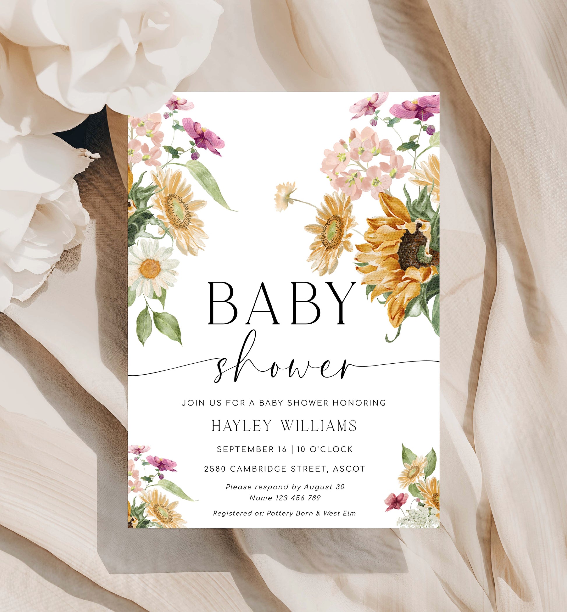 Printable Sunflower Baby Shower Invitation, Fall Floral Baby Shower Invitation, Autumn Floral Gender Neutral Baby Shower Invite, Mews Floral