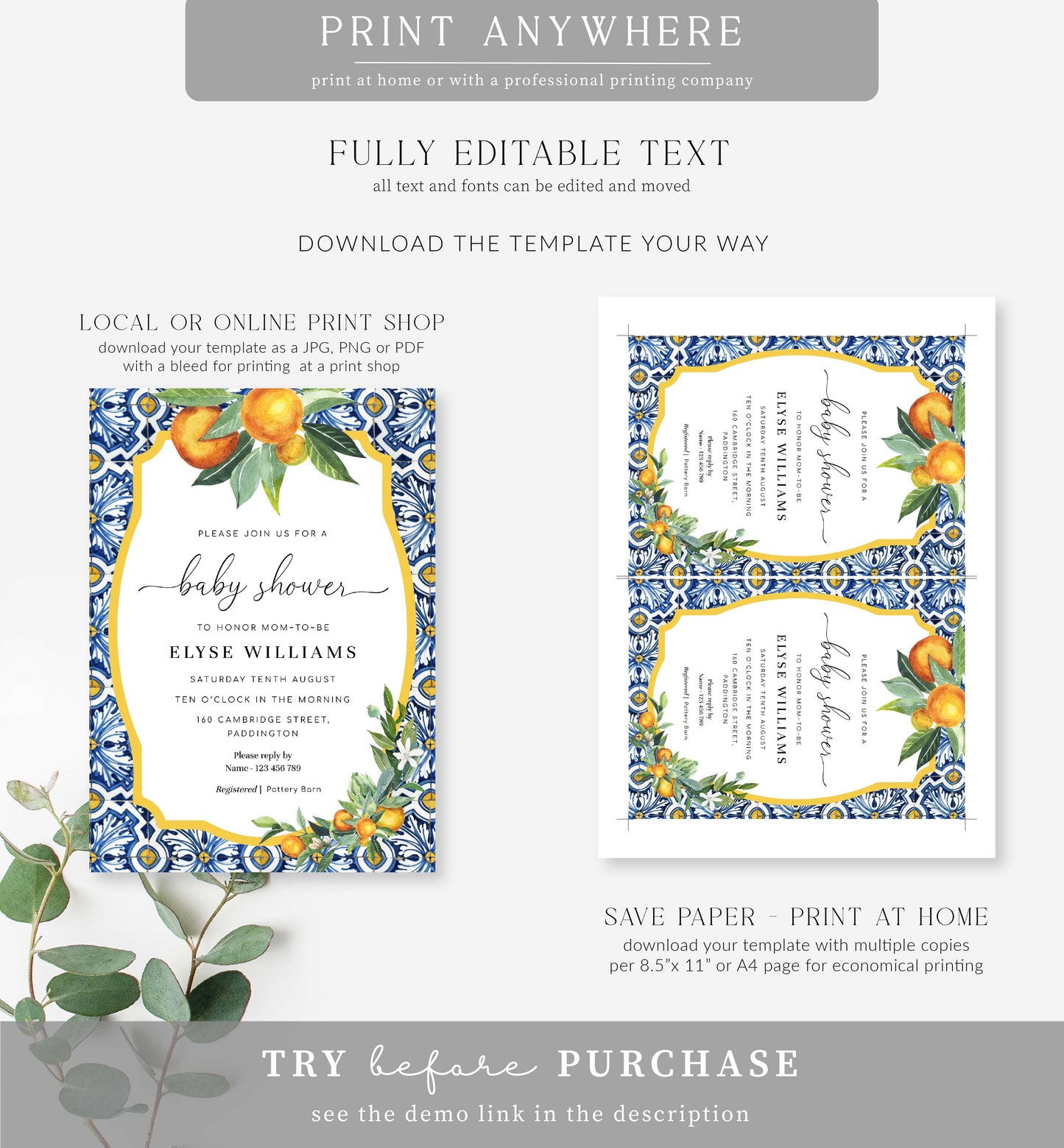 Positano Oranges | Printable Baby Shower Invitation Suite Template