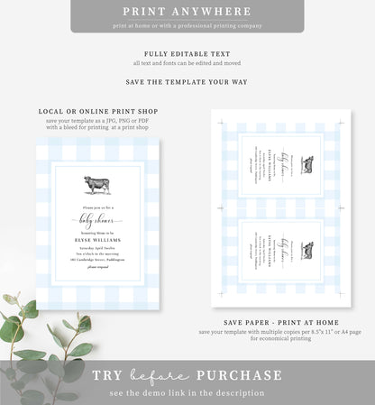 Gingham Blue Cow | Printable Baby Shower Invitation Template