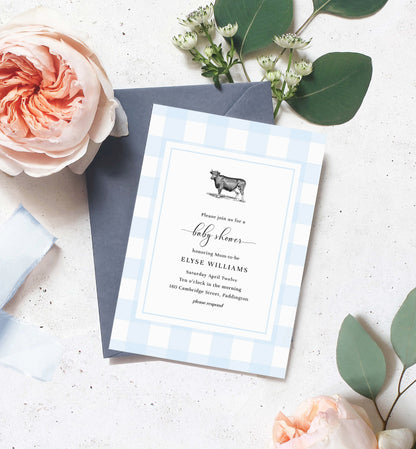 Blue Gingham Cow Boy Baby Shower Printable Invitation Template, Boy Baby Shower, Farm Yard Animals, Western Baby BBQ Shower