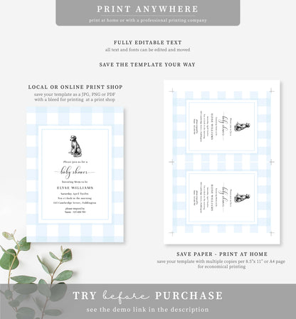 Gingham Blue Dog | Printable Baby Shower Invitation Template