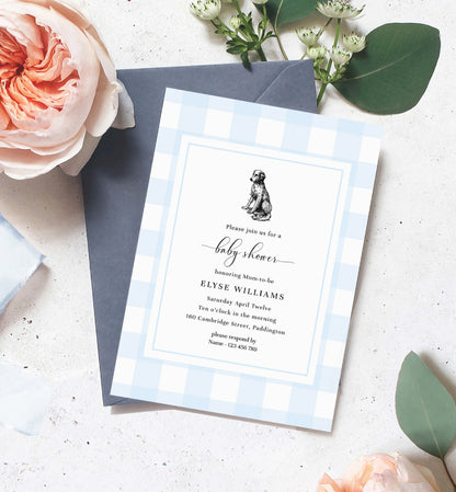 Puppy Dog Baby Shower Printable Invitation Template, Blue Gingham, Boy Baby Shower, Dog Animals, Storybook Baby Shower, Bay Shower Evite