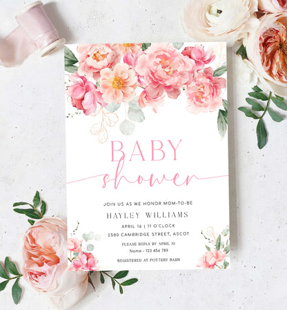 Printable Baby Shower Invitation Template, Editable Hot Pink Peony Baby Shower Invitation, Spring Floral Girl Baby Shower Evite, Piper