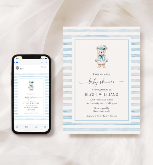 Printable Teddy Bear Baby Shower Invitation Template, Sailor Bear, Blue Stripe Boy Baby Shower Invitation, Nautical Baby Shower Evite, We Can Bearly Wait Teddy Bear Baby Shower