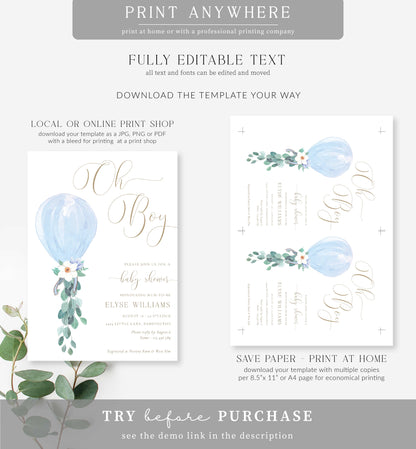 Darlington Blue | Printable Oh Boy Baby Shower Invitation Template