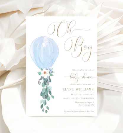 Oh Boy Baby Shower Invitation Template, Printable Balloon Boy Baby Shower Invitation, Editable Boy Baby Baby Shower Invitation, Darlington