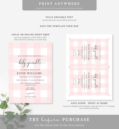 Gingham Pink | Printable Baby Sprinkle Invitation Suite Template