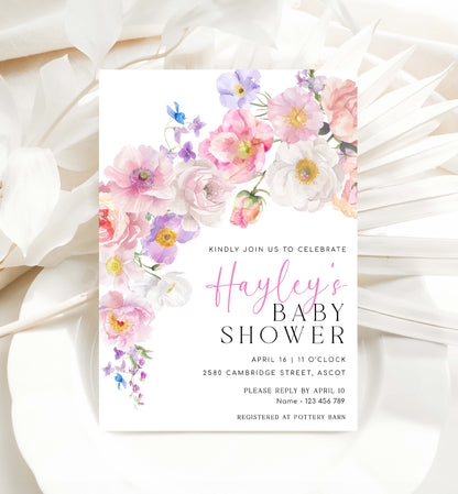 Printable Baby Shower Invitation Template, Spring and Summer Wildflowers Baby Shower, Bohemian Boho Floral Baby Shower, Boho Flower, Eloise