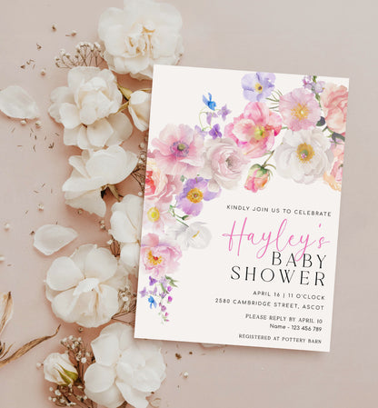 Printable Baby Shower Invitation Template, Spring and Summer Wildflowers Baby Shower, Bohemian Boho Floral Baby Shower, Boho Flower, Eloise