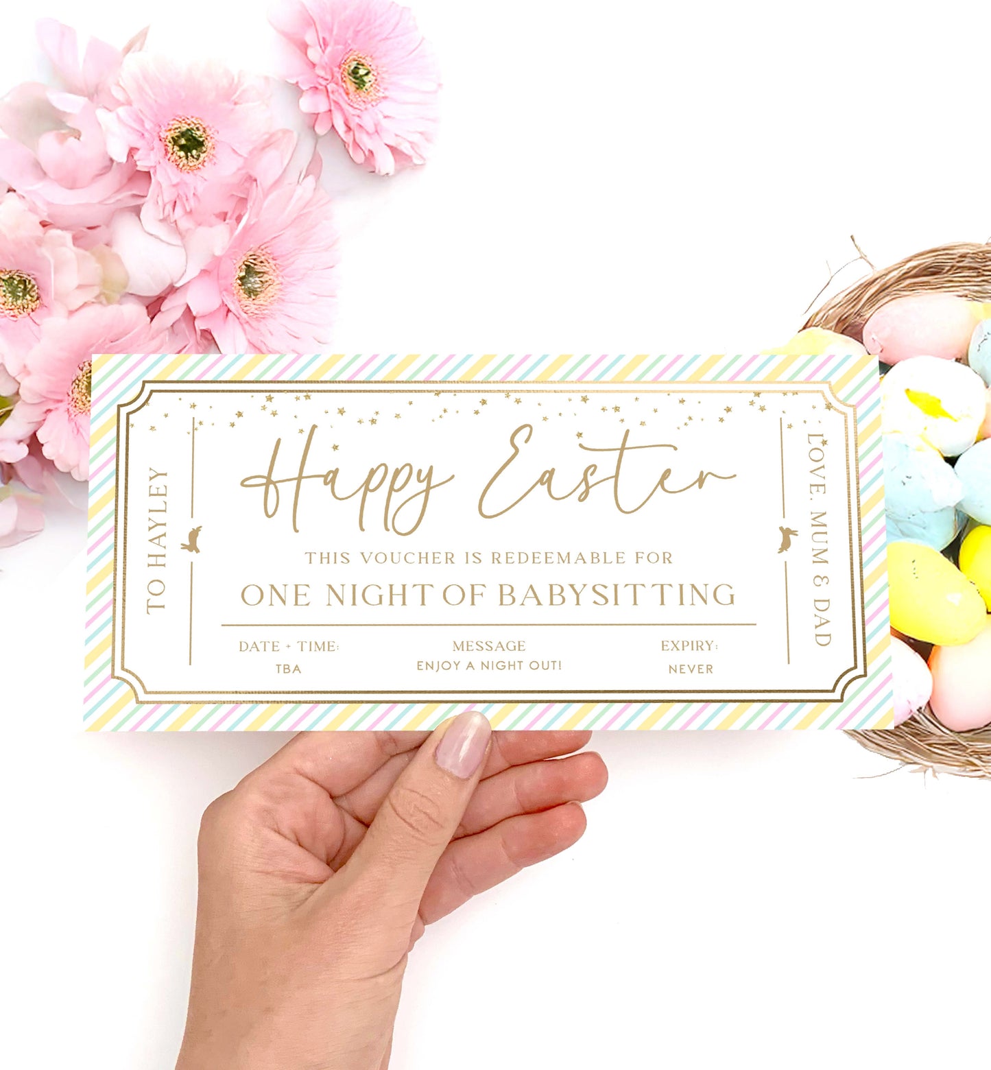 Printable Babysitting Gift Voucher, Easter Childminding Gift Certificate, Childminding Date Night Voucher, Present Coupon Stripe