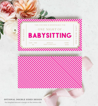 Printable Babysitting Gift Voucher Template, Birthday Childminding Gift Certificate, Childminding Date Night Voucher, Hot Pink Stripe