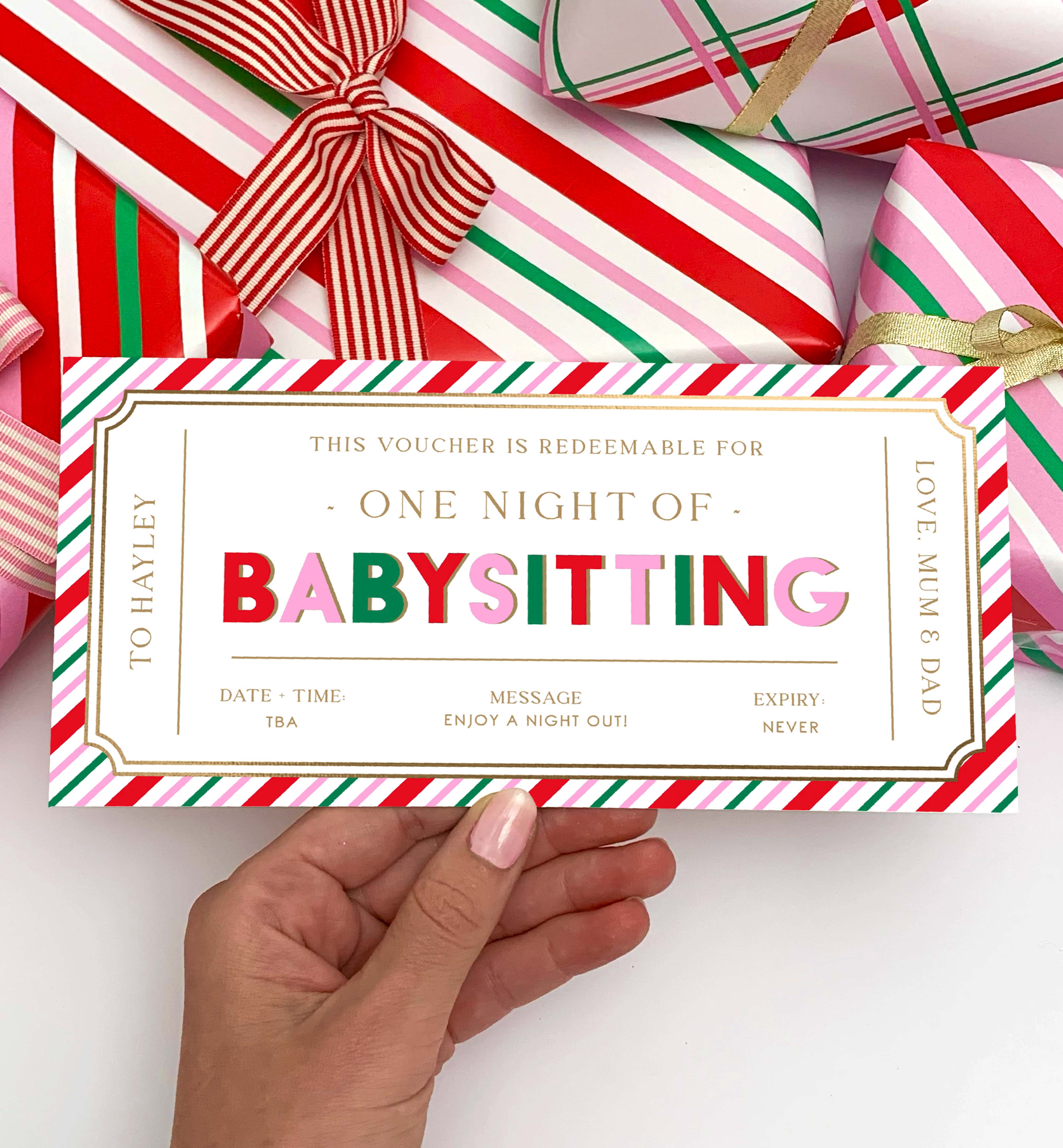 Stripe Pink Multi | Printable Babysitting Gift Voucher Template – Black Bow  Studio