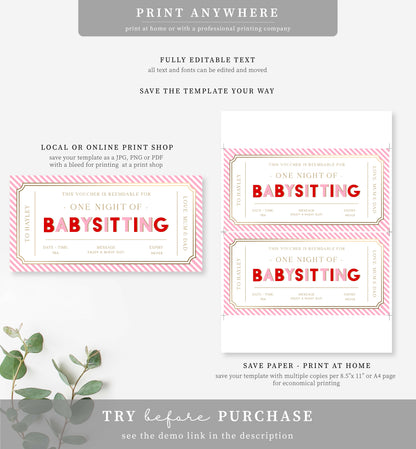 Stripe Pink Red | Printable Babysitting Gift Voucher Template