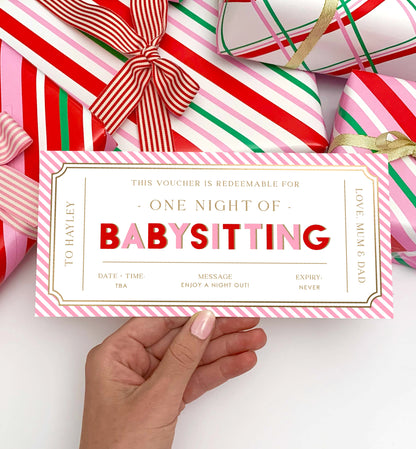 Printable Babysitting Gift Voucher Template, Christmas Childminding Gift Certificate, Childminding Date Night Voucher, Present Coupon Stripe