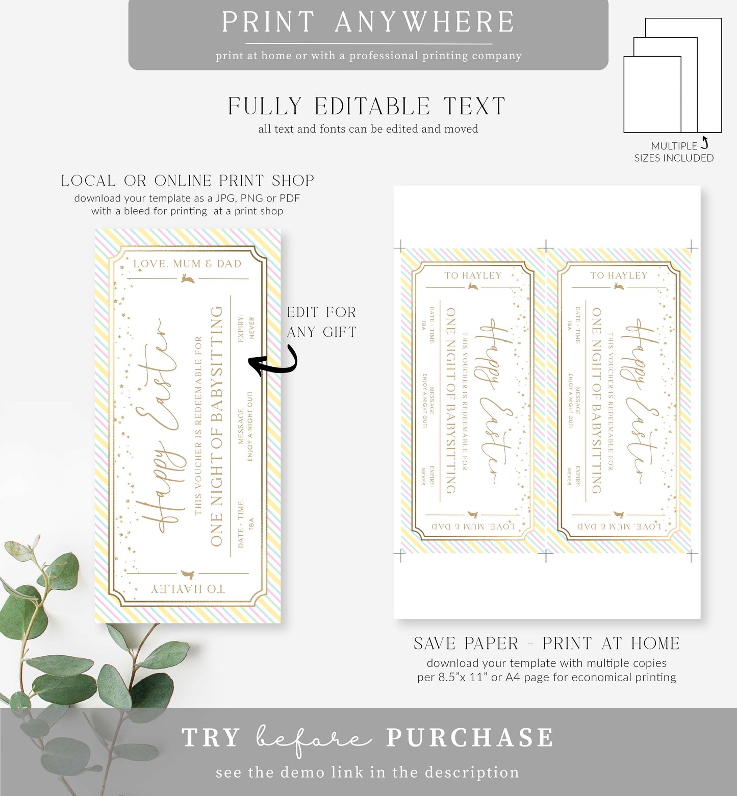 Stipe Pastel | Printable Easter Custom Gift Voucher Template