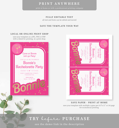 Barbie Party Hot Pink Gold | Printable Bachelorette Party Invitation and Itinerary Template