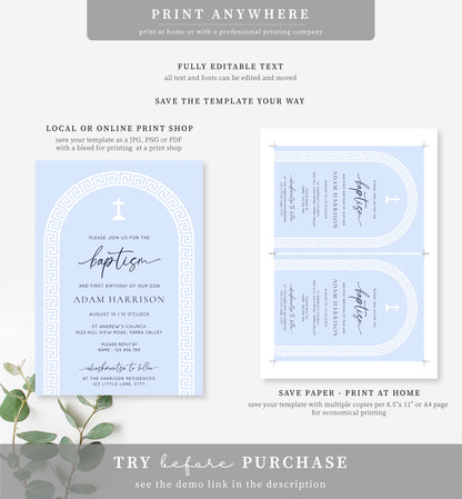 Printable Baptism Invitation Template, Greek Key, Arch, Blue Boy First Birthday Printable Invitation, Editable Christening Invitation