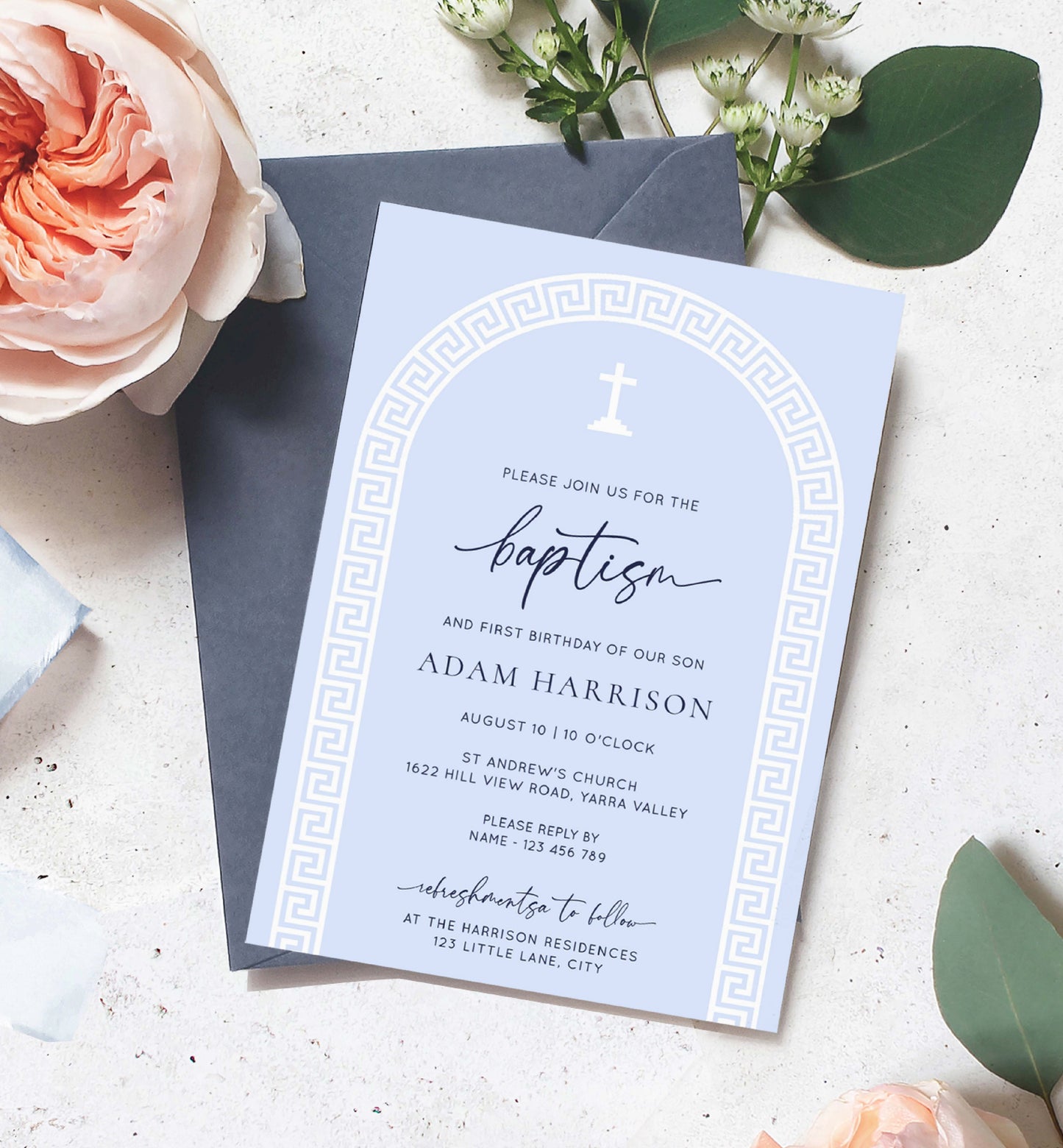 Printable Baptism Invitation Template, Greek Key, Arch, Blue Boy First Birthday Printable Invitation, Editable Christening Invitation