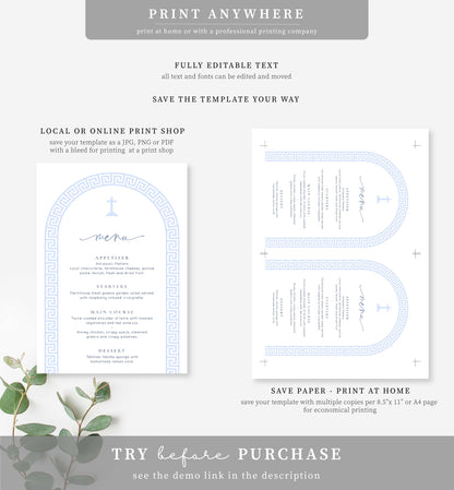 Greek Key Arch White | Printable Baptism Menu Template