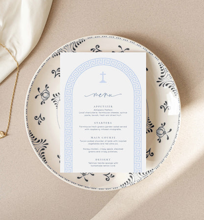 Printable Menu Template, Greek Key, Arch, Blue Boy Baptism Lunch Menu, Christening Brunch Menu, First Birthday Menu, Communion Lunch Menu