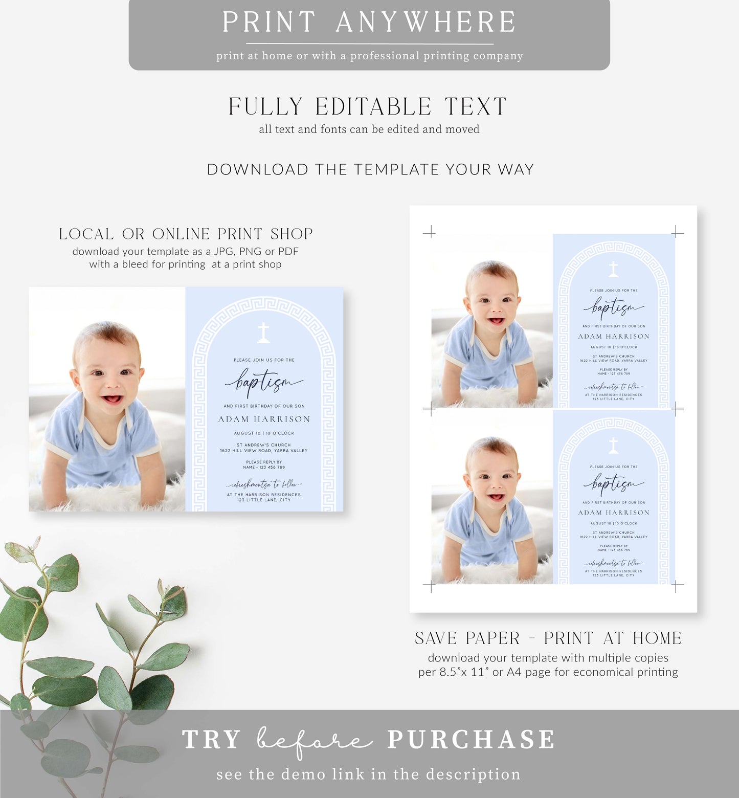 Greek Key Arch Blue | Printable Baptism Invitation Template