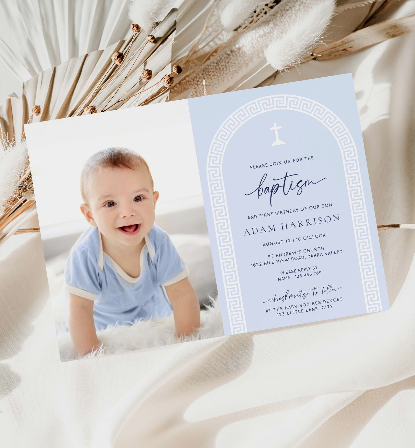 Printable Photo Baptism Invitation Template, Greek Key, Arch, Blue Boy First Birthday Printable Invitation, Editable Christening Invitation