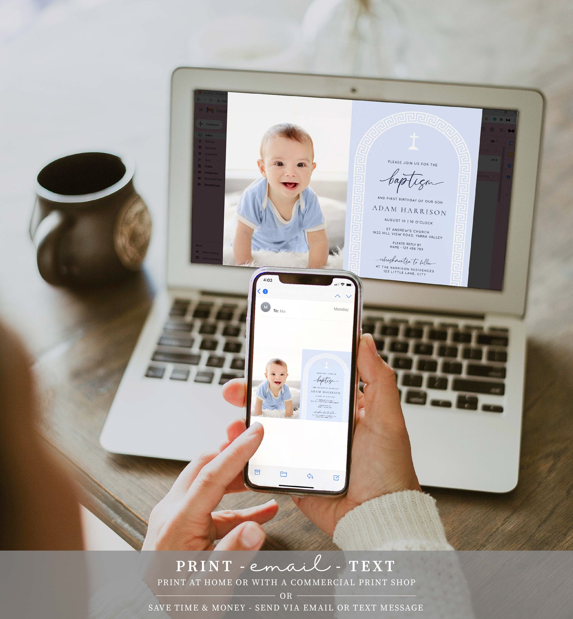 Printable Photo Baptism Invitation Template, Greek Key, Arch, Blue Boy First Birthday Printable Invitation, Editable Christening Invitation